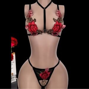 Black & Red Rose, Kink Strapped, Lingerie Set